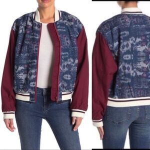 Free People varsity of dreams bomber jacket blue red cotton linen blend S